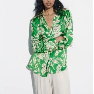 Zara Silk-Feel Green Floral Button-Up Blouse